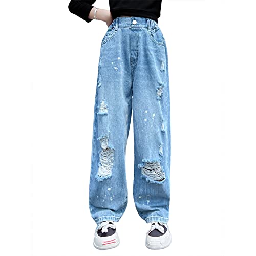 Rolanko Mädchen Jean Hosen Loch Denim Blau Jeans, Vintage Hose mit Weitem Bein für Kinder Fit, Blue Hole, Größe: 160 von Rolanko