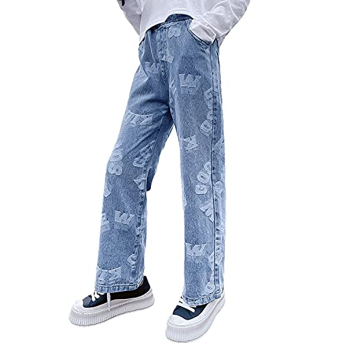 Rolanko Mädchen Jean Hosen Loch Denim Blau Jeans, Vintage Hose mit Weitem Bein für Kinder Fit, Blue Letter, Größe: 130 von Rolanko