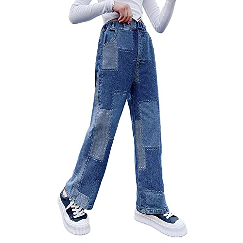 Rolanko Mädchen Jean Hosen Loch Denim Blau Jeans, Vintage Hose mit Weitem Bein für Kinder Fit, Blue Patchwork, Größe: 130 von Rolanko