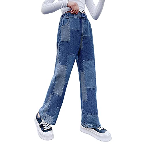 Rolanko Mädchen Jean Hosen Loch Denim Blau Jeans, Vintage Hose mit Weitem Bein für Kinder Fit, Blue Patchwork, Größe: 150 von Rolanko