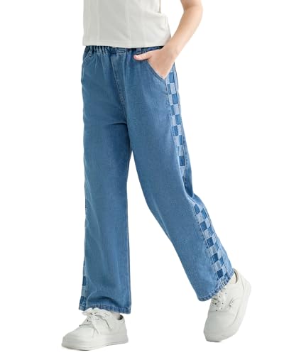 Rolanko Mädchen Jean Hosen Loch Denim Blau Jeans, Vintage Hose mit Weitem Bein für Kinder Fit, Blue Plaid, Größe: 130 von Rolanko