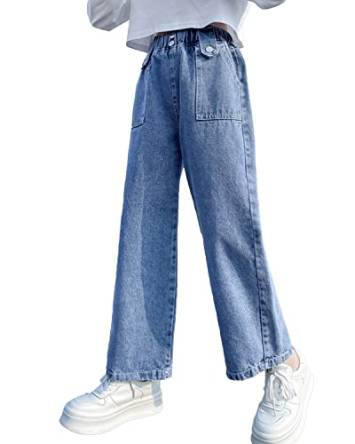 Rolanko Mädchen Jean Hosen Loch Denim Blau Jeans, Vintage Hose mit Weitem Bein für Kinder Fit, Blue Pocket, Größe: 160 von Rolanko