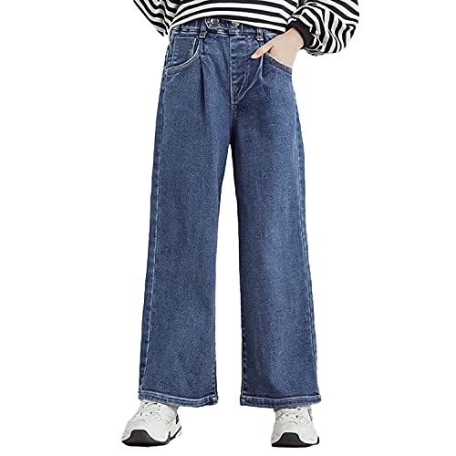 Rolanko Mädchen Jean Hosen Loch Denim Blau Jeans, Vintage Hose mit Weitem Bein für Kinder Fit, Blue Solid, Größe: 140 von Rolanko