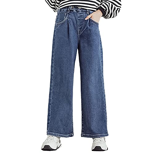 Rolanko Mädchen Jean Hosen Loch Denim Blau Jeans, Vintage Hose mit Weitem Bein für Kinder Fit, Blue Solid, Größe: 160 von Rolanko