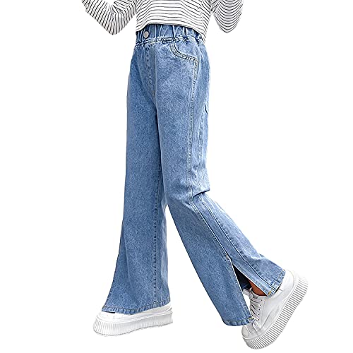 Rolanko Mädchen Jean Hosen Loch Denim Blau Jeans, Vintage Hose mit Weitem Bein für Kinder Fit, Blue Split, Größe: 140 von Rolanko