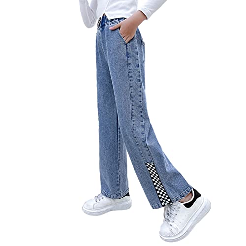 Rolanko Mädchen Jean Hosen Loch Denim Blau Jeans, Vintage Hose mit Weitem Bein für Kinder Fit, Checkerboard, Größe: 130 von Rolanko