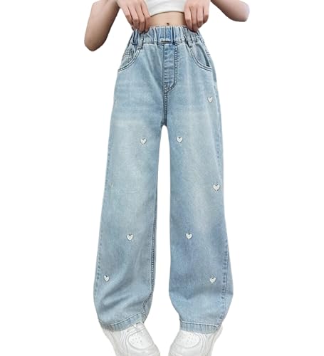 Rolanko Mädchen Jean Hosen Loch Denim Blau Jeans, Vintage Hose mit weitem Bein für Kinder Fit, Herz Stickerei, Größe: 6-7 Jahre/130 von Rolanko