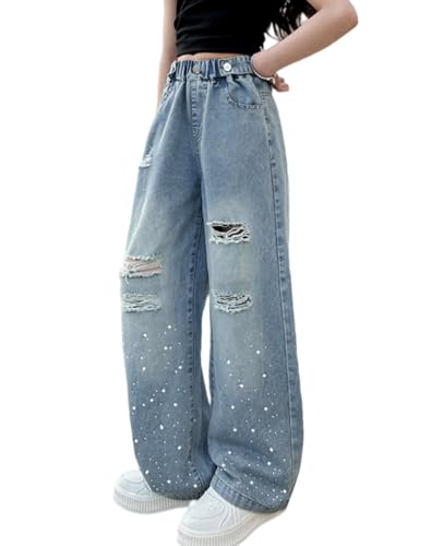 Rolanko Mädchen Jean Hosen Loch Denim Blau Jeans, Vintage Hose mit weitem Bein für Kinder Fit, Ripped Holes, Größe: 11-12 Jahre/160 von Rolanko