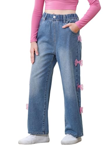 Rolanko Mädchen Jean Hosen Loch Denim Blau Jeans, Vintage Hose mit weitem Bein für Kinder Fit, Schmetterling Band, Größe: 8-9 Jahre/140 Rolanko Mädchen Jean Hosen Loch Denim Blau Jeans, Vintage Hose mit weitem Bein für Kinder Fit, Schmetterling Band, Größe: 8-9 Jahre/140 von Rolanko