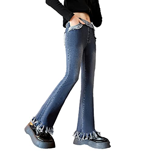 Rolanko Mädchen Jeans mit Ausgestelltem Bein Roher Saum Dehnbar Elastische Taille Skinny Denim Hose, Blau, Größe：130 von Rolanko