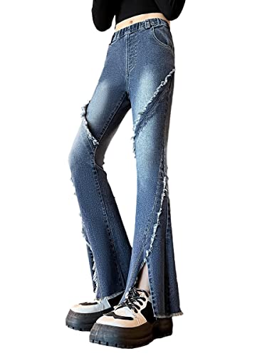 Rolanko Mädchen Jeans mit Ausgestelltem Bein Roher Saum Dehnbar Elastische Taille Skinny Denim Hose, Dunkel Blau, Größe：140 von Rolanko