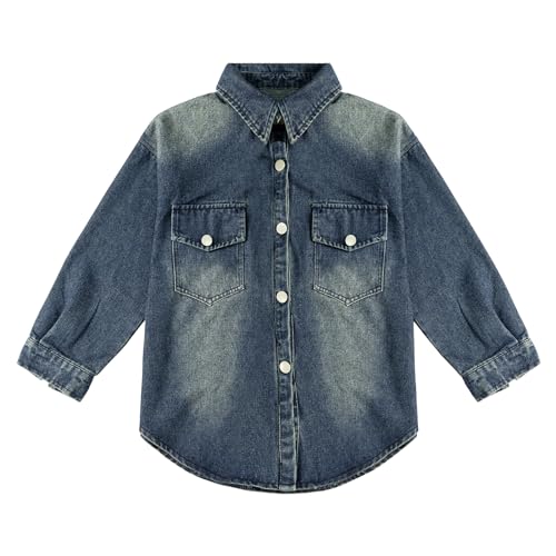 Rolanko Mädchen Jeanshemd Heruntergeknöpft Langer Schnitt Baumwolle Denim Bluse, Lässig Vintage Jeansjacke für Kinder, Dunkelblau, Größe: 140/8-9 Jahre von Rolanko