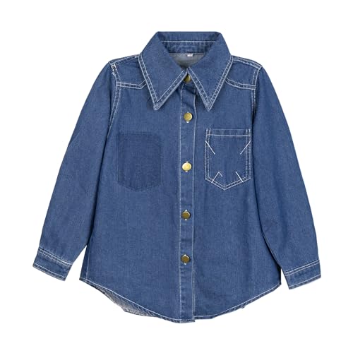 Rolanko Mädchen Jeanshemd Heruntergeknöpft Langer Schnitt Baumwolle Denim Bluse, Lässig Vintage Jeansjacke für Kinder, Mittelblau, Größe: 140/8-9 Jahre von Rolanko