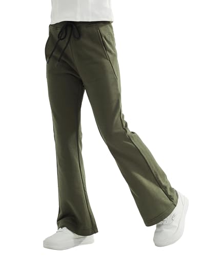 Rolanko Mädchen Jersey Ausgestellt Hose mit Elastischem Bund Schule Uniform Einfarbig Bootcut Jogginghosen, Olivgrün, Größe: 8-9 Jahre/140 von Rolanko