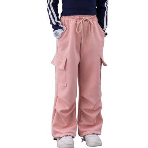 Rolanko Mädchen Jogginghose mit elastischem Bund, Unisex Kinder Trainingshose mit Cargotaschen, Rosa, 10-11Jahre, 150 von Rolanko