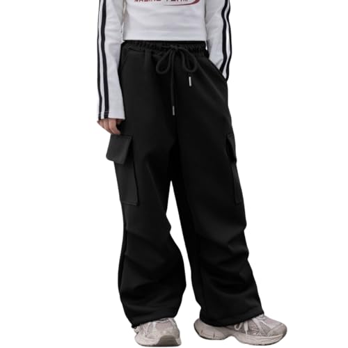 Rolanko Mädchen Jogginghose mit elastischem Bund, Unisex Kinder Trainingshose mit Cargotaschen, Schwarz, 10-11Jahre, 150 von Rolanko