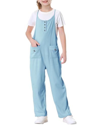 Rolanko Mädchen Jumpsuit Kinder Ärmellos Loose Overalls mit Taschen Anpassbar Spaghettiträger Strampler Latzhose, Blau, 6-7 Jahre,130 von Rolanko