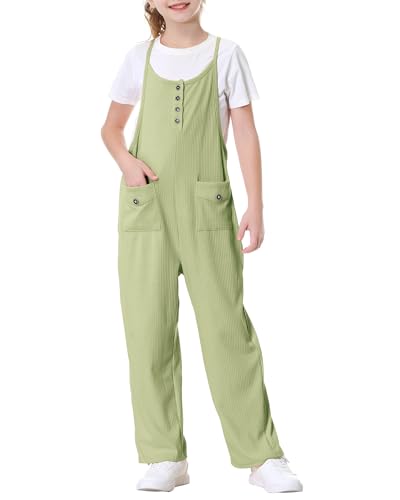 Rolanko Mädchen Jumpsuit Kinder Ärmellos Loose Overalls mit Taschen Anpassbar Spaghettiträger Strampler Latzhose, Grün, 10-11 Jahre,150 von Rolanko