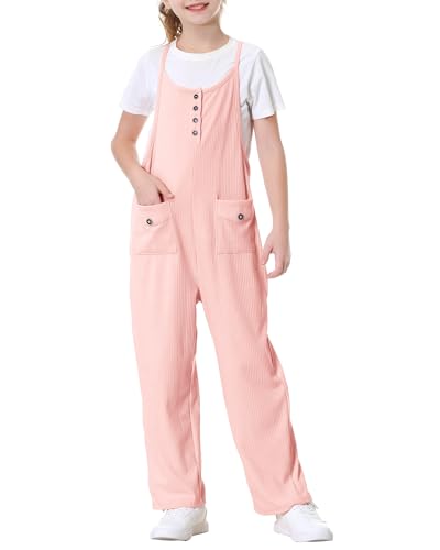 Rolanko Mädchen Jumpsuit Kinder Ärmellos Loose Overalls mit Taschen Anpassbar Spaghettiträger Strampler Latzhose, Rose, 8-9 Jahre,140 von Rolanko