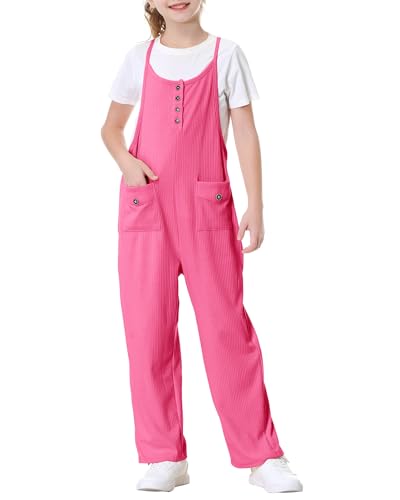 Rolanko Mädchen Jumpsuit Kinder Ärmellos Loose Overalls mit Taschen Anpassbar Spaghettiträger Strampler Latzhose, Rosenrot, 5-6 Jahre,120 von Rolanko
