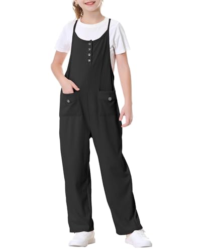 Rolanko Mädchen Jumpsuit Kinder Ärmellos Loose Overalls mit Taschen Anpassbar Spaghettiträger Strampler Latzhose, Schwarz, 6-7 Jahre,130 von Rolanko