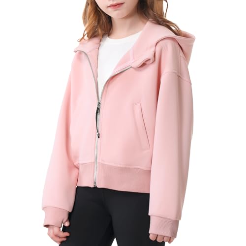 Rolanko Mädchen Kapuzenpullover mit Reißverschluss, kurze Sweatshirts, langärmelige Jacken mit Taschen, Kinder-Tops, Kleidung 7–15 Jahre, Pink, 12-13 Jahre von Rolanko