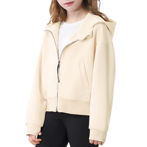 Rolanko Mädchen Kapuzenpullover mit Reißverschluss, kurze Sweatshirts, langärmelige Jacken mit Taschen, Kinder-Tops, Kleidung 7–15 Jahre, aprikose, 10-11 Jahre von Rolanko