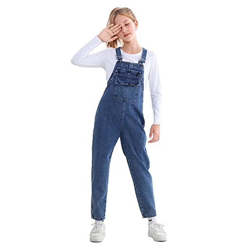 Rolanko Mädchen Kinder Jeans Latzhose Jumpsuit Lange Hose Overall mit Verstellbaren Hosenträgern, Blue Pocket, Größe:130 von Rolanko