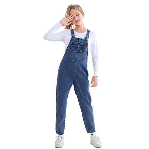 Rolanko Mädchen Kinder Jeans Latzhose Jumpsuit Lange Hose Overall mit Verstellbaren Hosenträgern, Blue Pocket, Größe:140 von Rolanko
