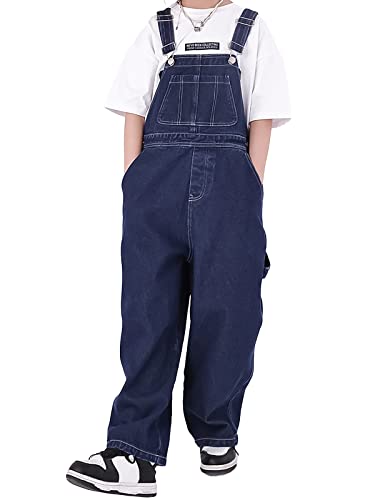 Rolanko Mädchen Kinder Jeans Latzhose Jumpsuit Lange Hose Overall mit Verstellbaren Hosenträgern, Dark Blue Pocket, Größe:140 von Rolanko