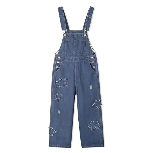 Rolanko Mädchen Kinder Jeans Latzhose Jumpsuit Lange Hose Overall mit Verstellbaren Hosenträgern, Stern, Größe: 160 von Rolanko