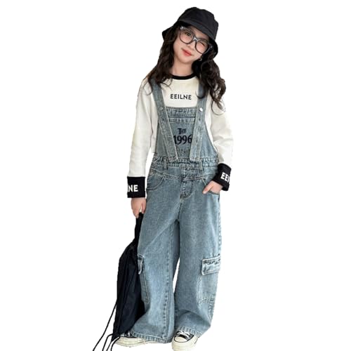 Rolanko Mädchen Kinder Jeans Latzhose Jumpsuit Lange Hose Overall mit Verstellbaren Hosenträgern, Weinlese Blau, Größe:150 von Rolanko