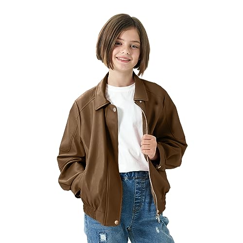 Rolanko Mädchen Kunstlederjacke, Motorrad Reißverschluss bis Flug Warme Outwear Mantel für Kinder, (Braun, Größe: 140/8-9 Jahre) von Rolanko