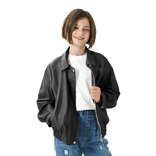 Rolanko Mädchen Kunstlederjacke, Motorrad Reißverschluss bis Flug Warme Outwear Mantel für Kinder, (Schwarz, Größe: 160/11-12 Jahre) von Rolanko