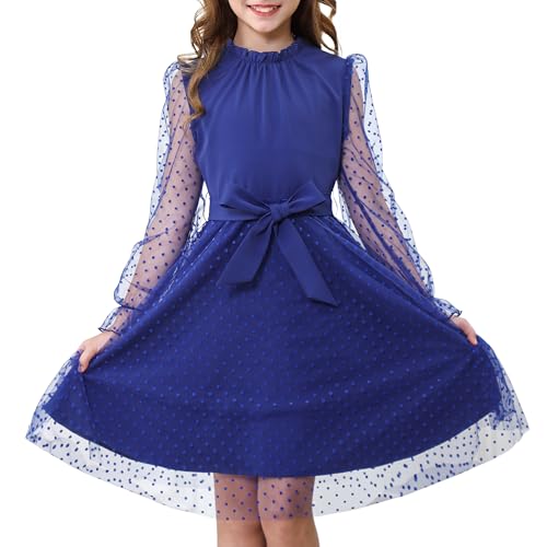 Rolanko Mädchen Puff Langarmkleid, Hohe Taille mit Gürtel A-Linien Rüschenkragen Kontrast Mesh Prinzessin Party Tüllkleid, Marine, 11-12 Jahre, 160 von Rolanko