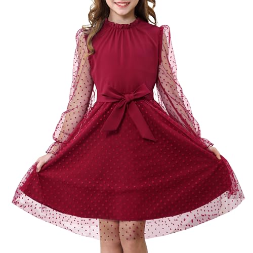 Rolanko Mädchen Puff Langarmkleid, Hohe Taille mit Gürtel A-Linien Rüschenkragen Kontrast Mesh Prinzessin Party Tüllkleid, Rot, 11-12 Jahre, 160 von Rolanko