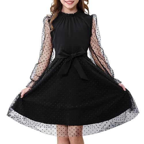 Rolanko Mädchen Puff Langarmkleid, Hohe Taille mit Gürtel A-Linien Rüschenkragen Kontrast Mesh Prinzessin Party Tüllkleid, Schwarz, 13-14 Jahre, 170 von Rolanko