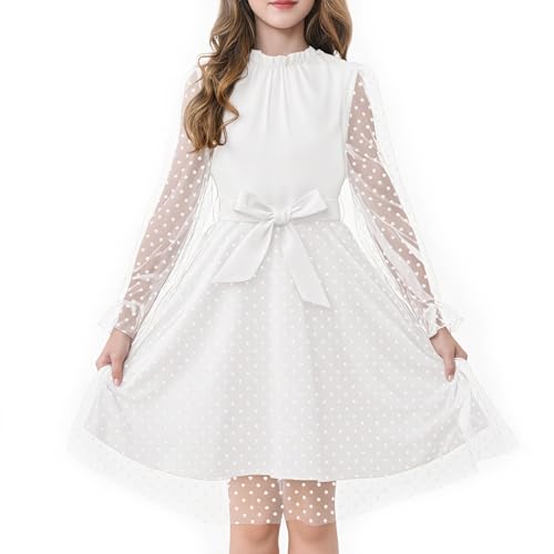 Rolanko Mädchen Puff Langarmkleid, Hohe Taille mit Gürtel A-Linien Rüschenkragen Kontrast Mesh Prinzessin Party Tüllkleid, Weiß, 11-12 Jahre, 160 von Rolanko