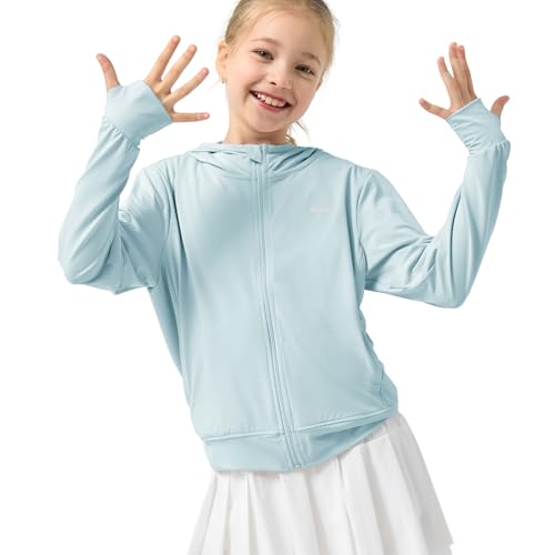 Rolanko Mädchen Sommerjacke mit Daumenlöchern Langarm Sonnenschutz Schnell Trocknend Reißverschluss Hoodie Kinder Rash Guard Tops, Blau, Größe: 150/10-11 Jahre von Rolanko