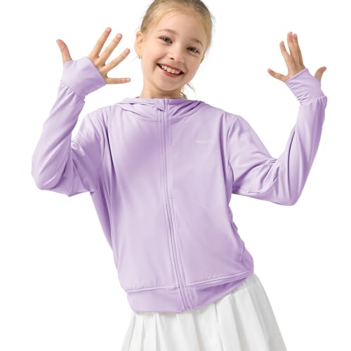 Rolanko Mädchen Sommerjacke mit Daumenlöchern Langarm Sonnenschutz Schnell Trocknend Reißverschluss Hoodie Kinder Rash Guard Tops, Lila, Größe: 150/10-11 Jahre von Rolanko