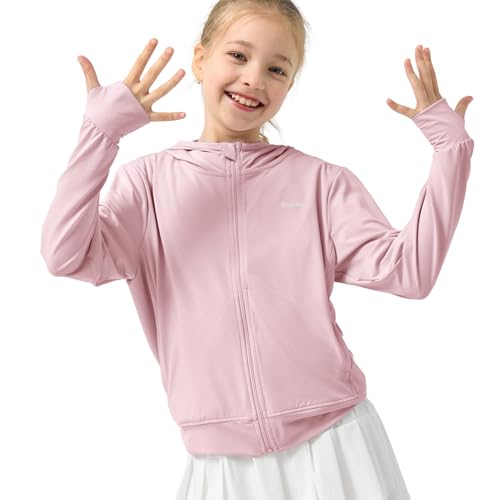 Rolanko Mädchen Sommerjacke mit Daumenlöchern Langarm Sonnenschutz Schnell Trocknend Reißverschluss Hoodie Kinder Rash Guard Tops, Rosa, Größe: 120/5-6 Jahre von Rolanko