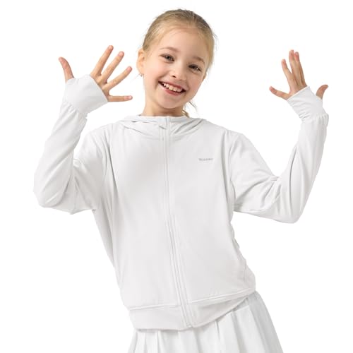 Rolanko Mädchen Sommerjacke mit Daumenlöchern Langarm Sonnenschutz Schnell Trocknend Reißverschluss Hoodie Kinder Rash Guard Tops, Weiß, Größe: 130/6-7 Jahre von Rolanko
