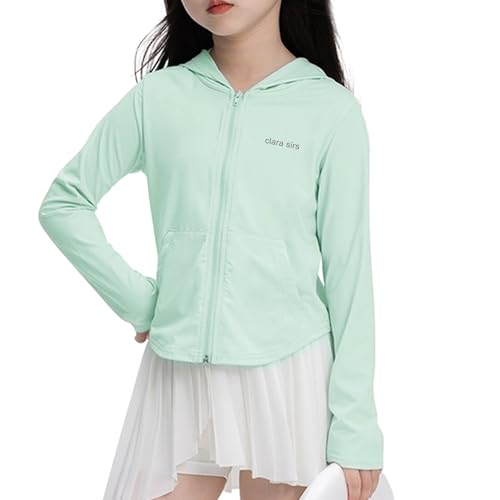 Rolanko Mädchen Sonnenschutzjacken mit Taschen, Sommer UPF 50+ Langärmelig Schnelltrocknend Kapuzenpullover Kinder Reißverschluss Sportliche Oberteile, Grün, Größe: 9-10 Jahre/150 von Rolanko