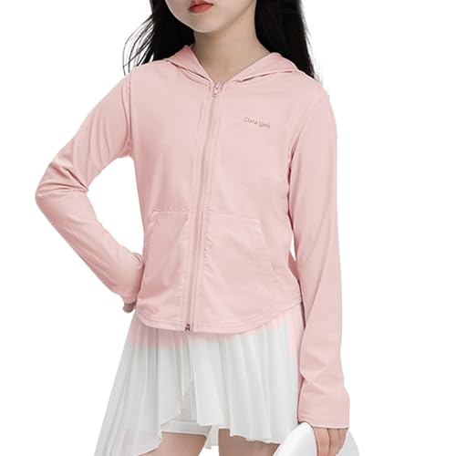 Rolanko Mädchen Sonnenschutzjacken mit Taschen, Sommer UPF 50+ Langärmelig Schnelltrocknend Kapuzenpullover Kinder Reißverschluss Sportliche Oberteile, Rosa, Größe: 9-10 Jahre/150 von Rolanko
