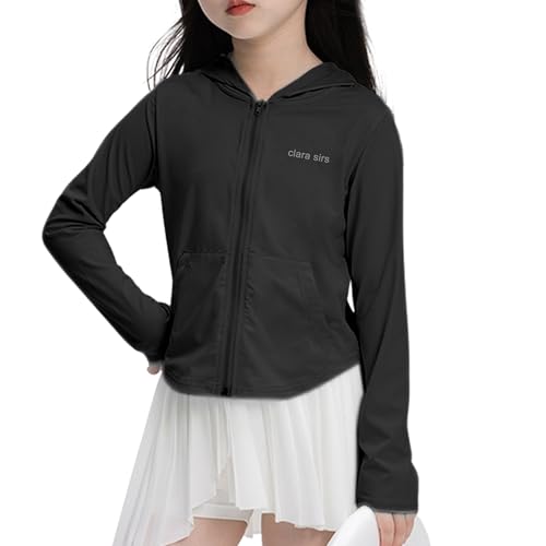 Rolanko Mädchen Sonnenschutzjacken mit Taschen, Sommer UPF 50+ Langärmelig Schnelltrocknend Kapuzenpullover Kinder Reißverschluss Sportliche Oberteile, Schwarz, Größe: 9-10 Jahre/150 von Rolanko