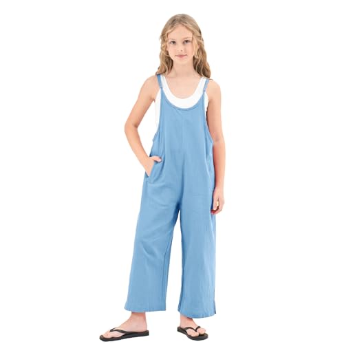 Rolanko Mädchen Spaghetti Ärmelloses Jumpsuit, Loose Fit Baumwolle Sommer Freizeitanzug Overall im Alter von 5-12 Jahre, Blau, 10-11 Jahre,150 von Rolanko