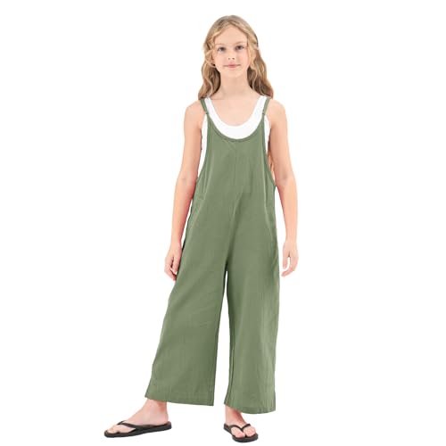 Rolanko Mädchen Spaghetti Ärmelloses Jumpsuit, Loose Fit Baumwolle Sommer Freizeitanzug Overall im Alter von 5-12 Jahre, Grün, 10-11 Jahre,150 von Rolanko