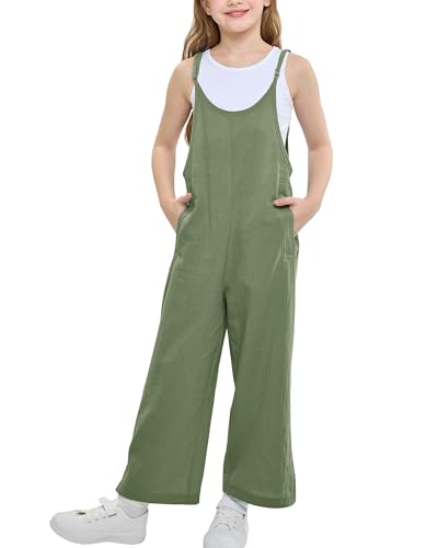 Rolanko Mädchen Spaghetti Ärmelloses Jumpsuit, Loose Fit Baumwolle Sommer Freizeitanzug Overall im Alter von 5-12 Jahre, Grün, 6-7 Jahre,130 von Rolanko