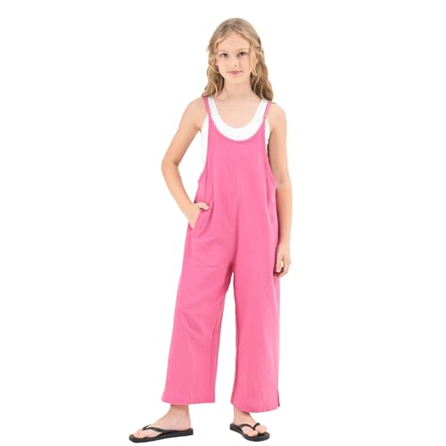 Rolanko Mädchen Spaghetti Ärmelloses Jumpsuit, Loose Fit Baumwolle Sommer Freizeitanzug Overall im Alter von 5-12 Jahre, Rosa, 6-7 Jahre,130 von Rolanko