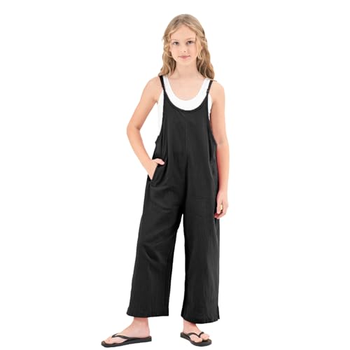 Rolanko Mädchen Spaghetti Ärmelloses Jumpsuit, Loose Fit Baumwolle Sommer Freizeitanzug Overall im Alter von 5-12 Jahre, Schwarz, 11-12 Jahre,160 von Rolanko